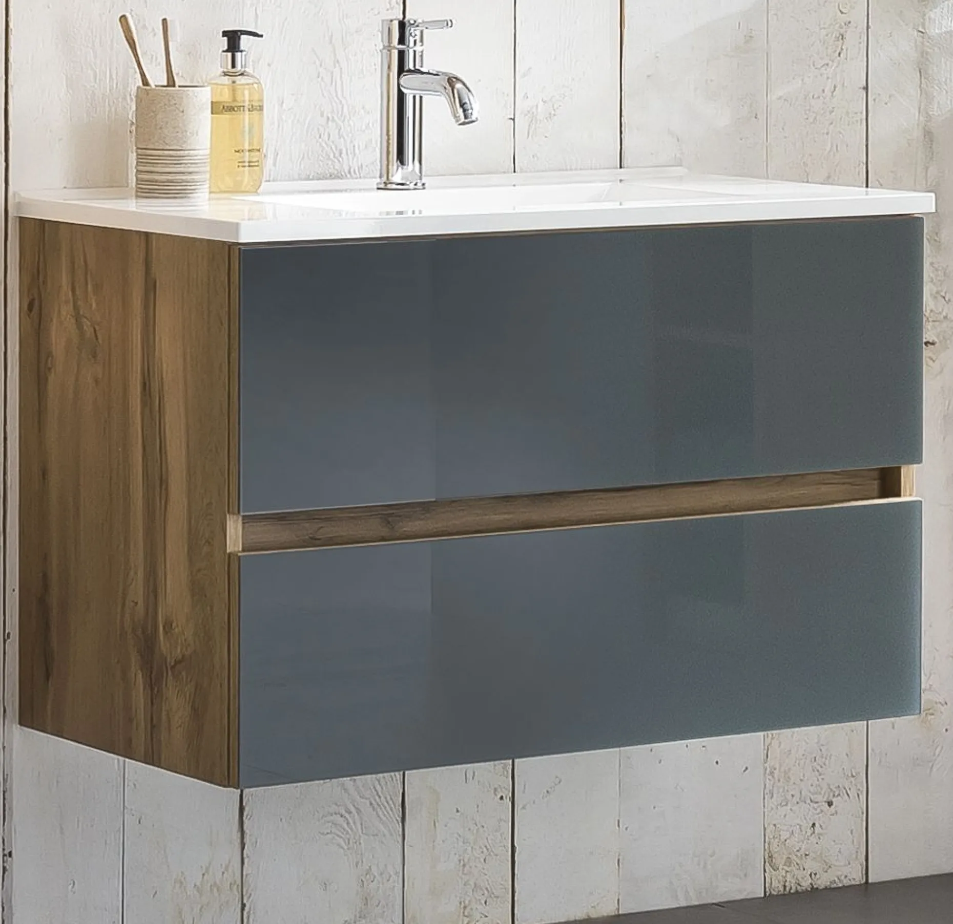 Waschtischunterschrank Helina 80cm mit 2 Schubladen - Eiche/grau