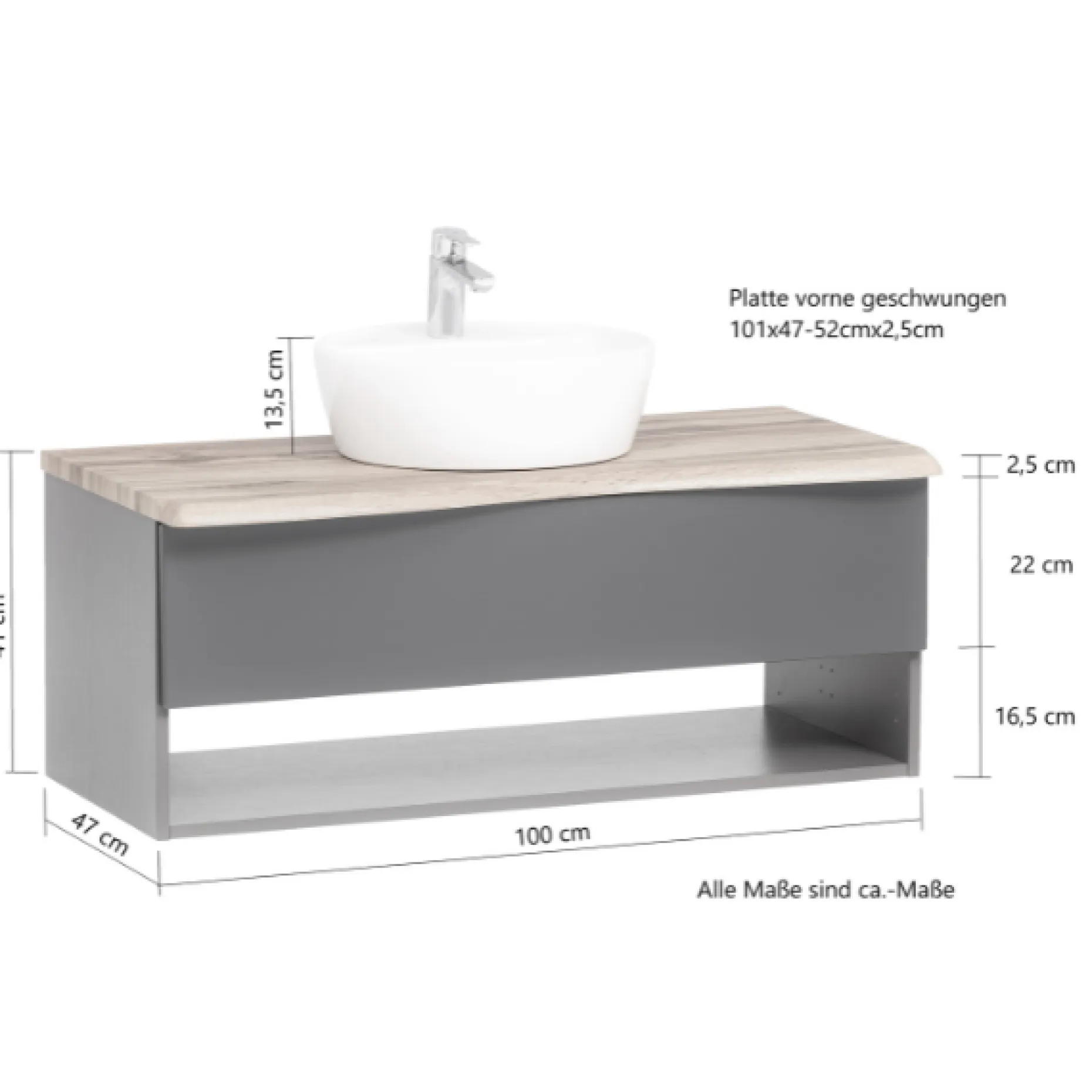 Waschtischunterschrank Karan 101cm mit Waschbecken und 1 Schublade - anthrazit/eiche