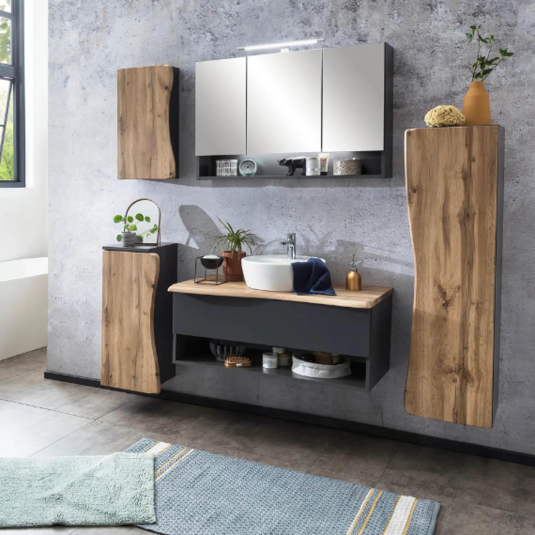 Waschtischunterschrank Karan 101cm mit Waschbecken und 1 Schublade - anthrazit/eiche