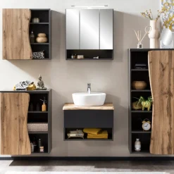 Waschtischunterschrank Karan 61cm mit Waschbecken und 1 Schublade - anthrazit/eiche