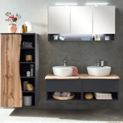 Waschtischunterschrank Karan 121cm mit 2 Waschbecken und 2 Schubladen - anthrazit/eiche