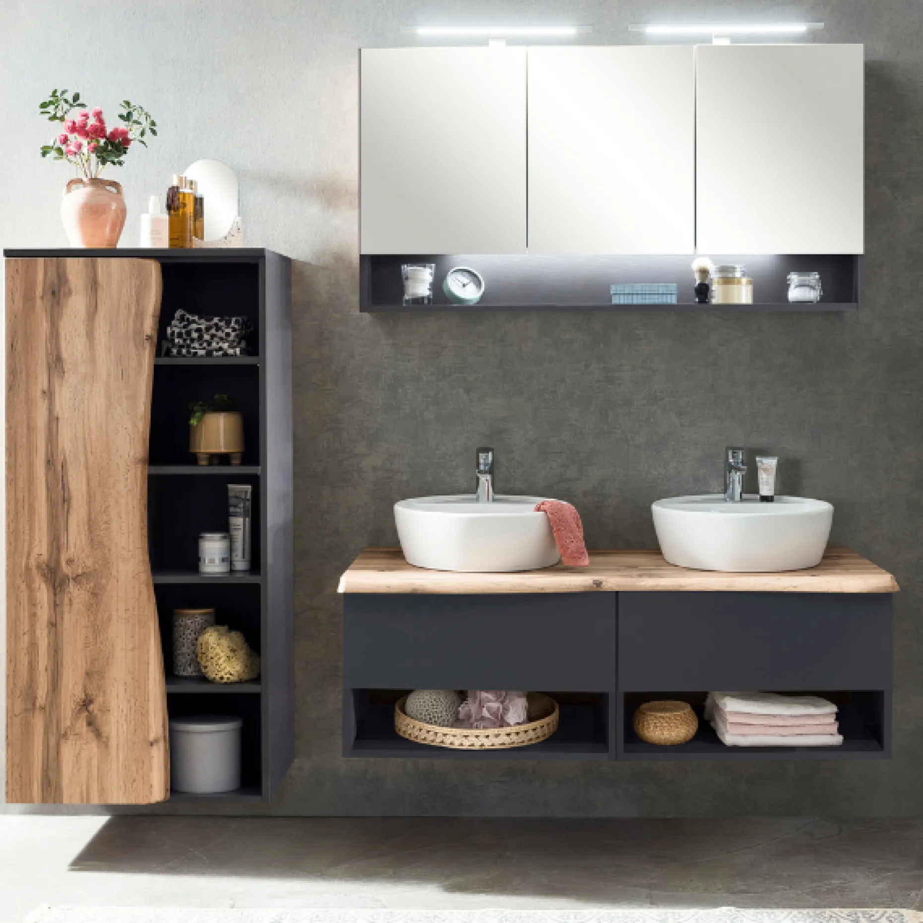 Waschtischunterschrank Karan 121cm mit 2 Waschbecken und 2 Schubladen - anthrazit/eiche