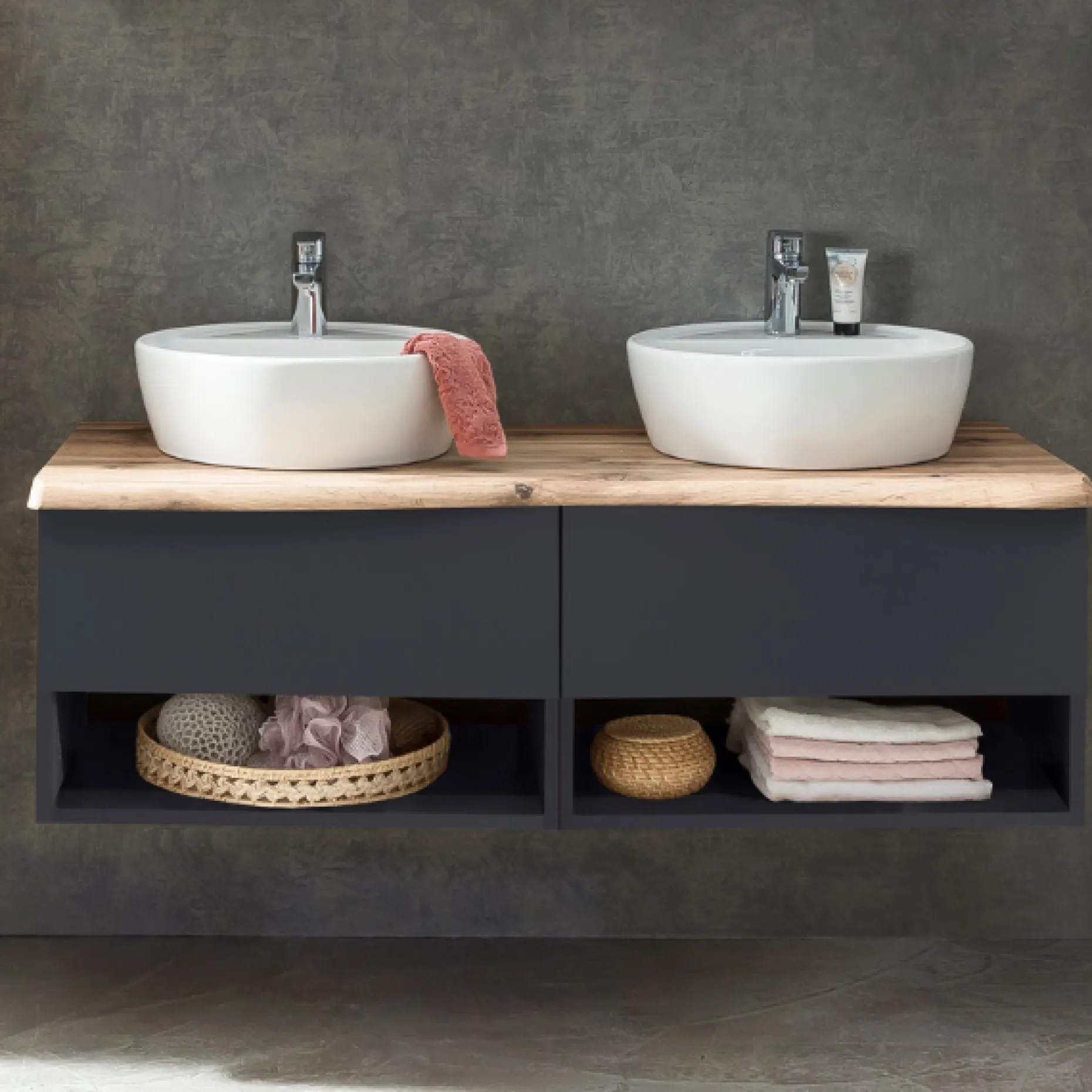 Waschtischunterschrank Karan 121cm mit 2 Waschbecken und 2 Schubladen - anthrazit/eiche