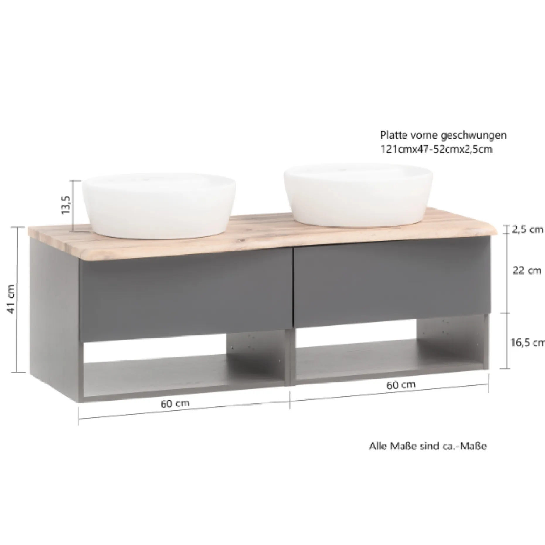Waschtischunterschrank Karan 121cm mit 2 Waschbecken und 2 Schubladen - anthrazit/eiche