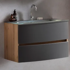 Waschtischunterschrank Kornel 80cm grau Waschbecken - Eiche/mattgrau