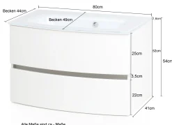 Waschtischunterschrank Kornel 80cm grau Waschbecken - Eiche/mattweiß