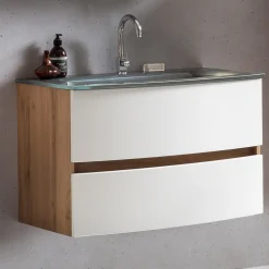 Waschtischunterschrank Kornel 80cm grau Waschbecken - Eiche/mattweiß