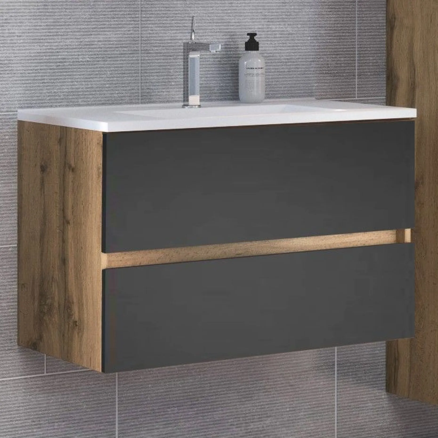 Waschtischunterschrank Luna 80cm 2 Schubladen - Eiche/grau