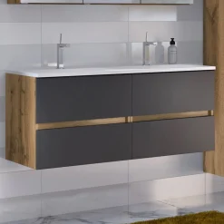 Waschtischunterschrank Luna 120cm mit Doppelwaschbecken und 4 Schubladen - Eiche/grau