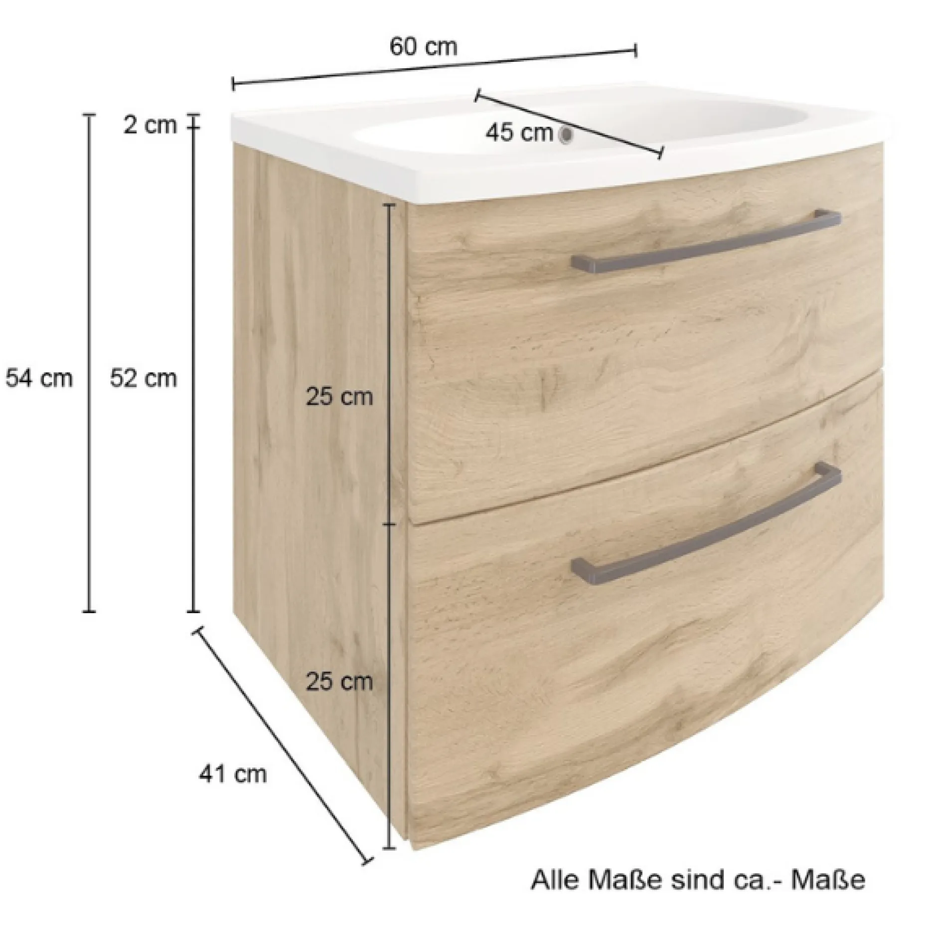 Waschtischunterschrank Malvo 60cm 2 Schubladen - Eiche/schwarz
