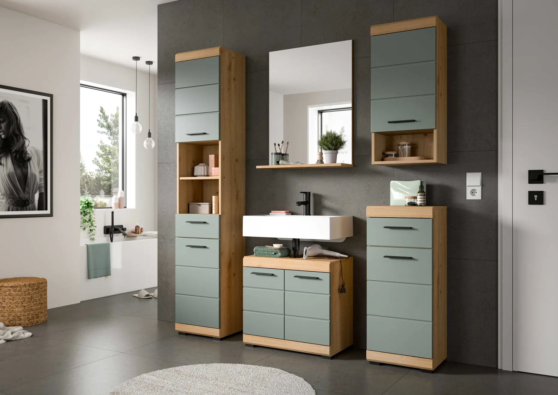 Waschtischunterschrank Scout Xonox - Sage Grün Artisan Eiche - 60x56x34 cm