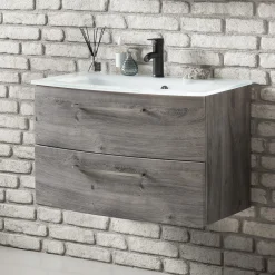 Waschtischunterschrank Stivan 80cm weißes Waschbecken - Eiche grau