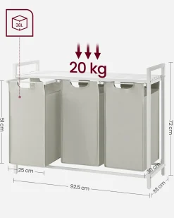 Vasagle Wäschekorb mit Regal Polly | Drei Fächer | 92,5 x 33 x 72 cm |
