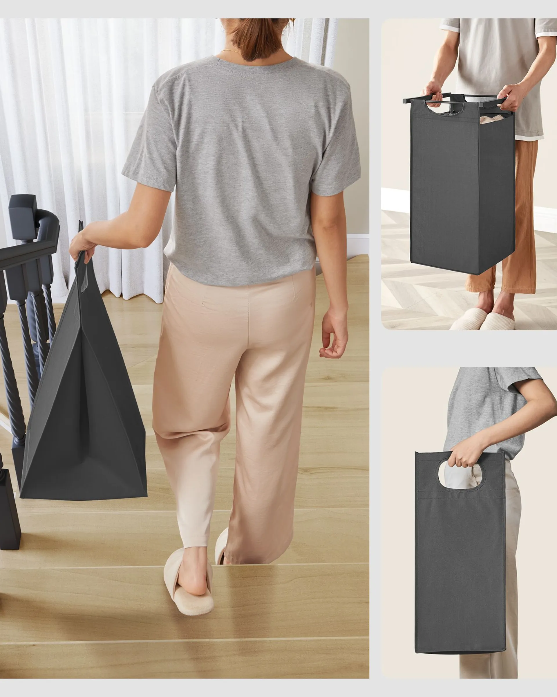 Vasagle Wäschekorb mit Regal Polly | Drei Fächer | 92,5 x 33 x 72 cm | Grau