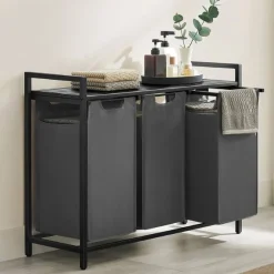 Vasagle Wäschekorb mit Regal Polly | Drei Fächer | 92,5 x 33 x 72 cm | Grau