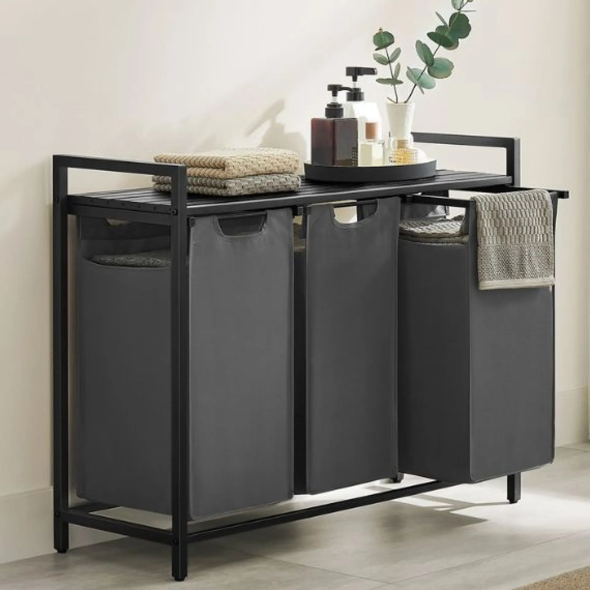 Vasagle Wäschekorb mit Regal Polly | Drei Fächer | 92,5 x 33 x 72 cm | Grau