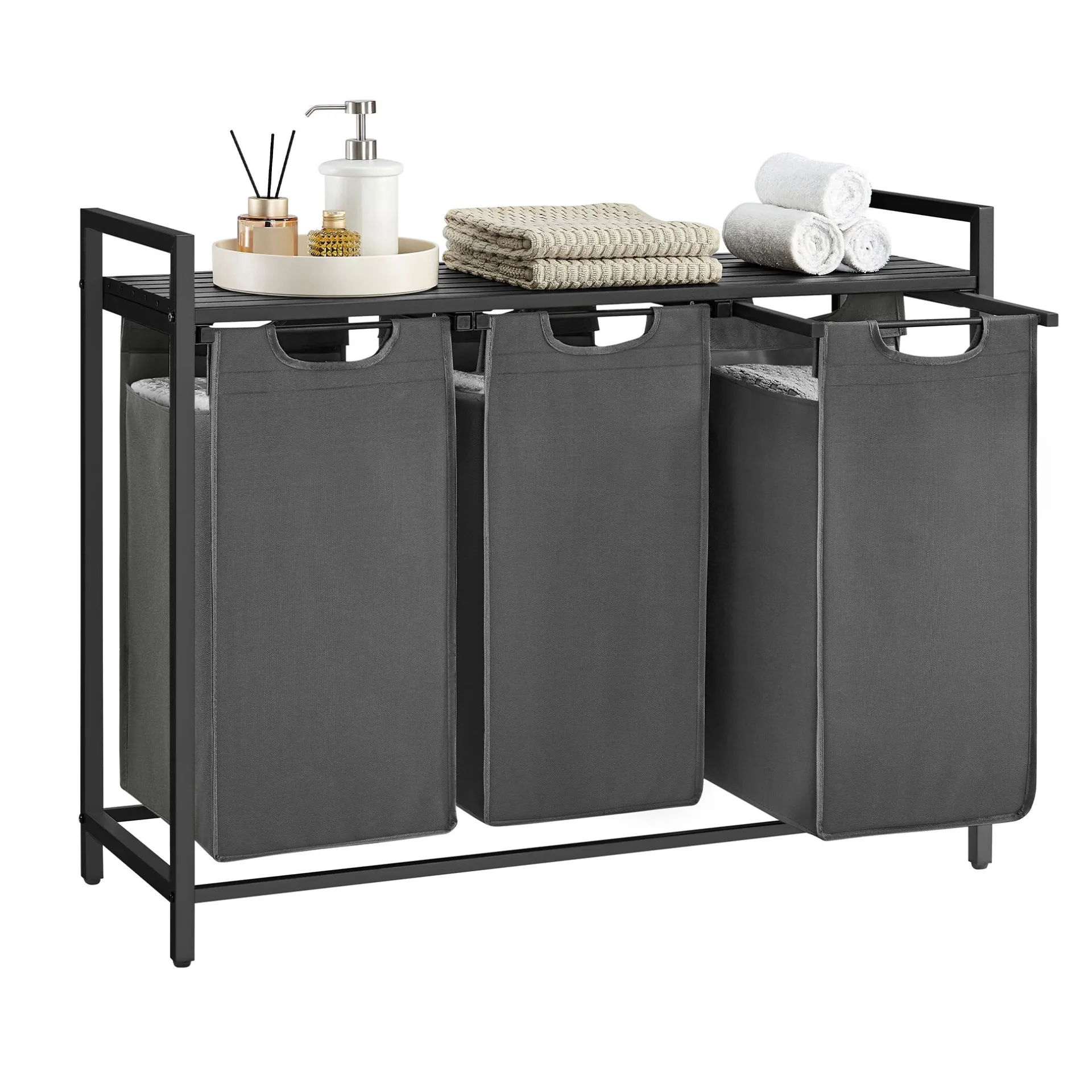 Vasagle Wäschekorb mit Regal Polly | Drei Fächer | 92,5 x 33 x 72 cm | Grau
