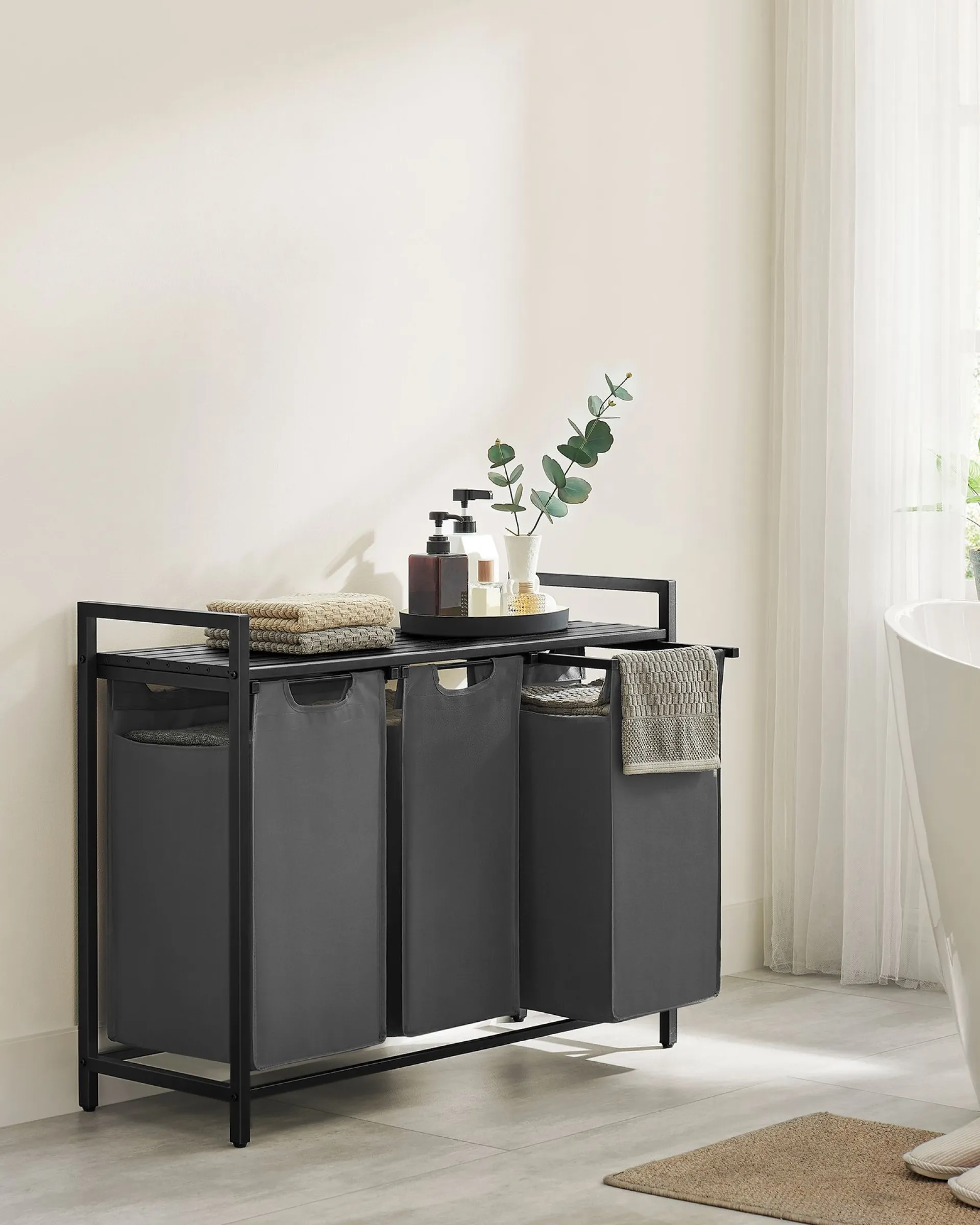 Vasagle Wäschekorb mit Regal Polly | Drei Fächer | 92,5 x 33 x 72 cm | Grau