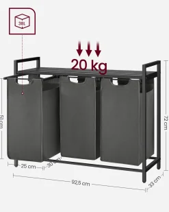 Vasagle Wäschekorb mit Regal Polly | Drei Fächer | 92,5 x 33 x 72 cm | Grau