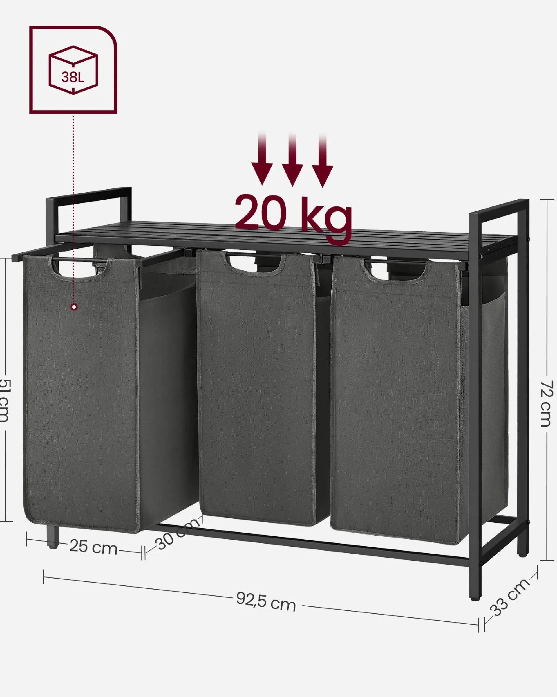 Vasagle Wäschekorb mit Regal Polly | Drei Fächer | 92,5 x 33 x 72 cm | Grau