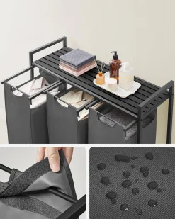 Vasagle Wäschekorb mit Regal Polly | Drei Fächer | 92,5 x 33 x 72 cm | Grau