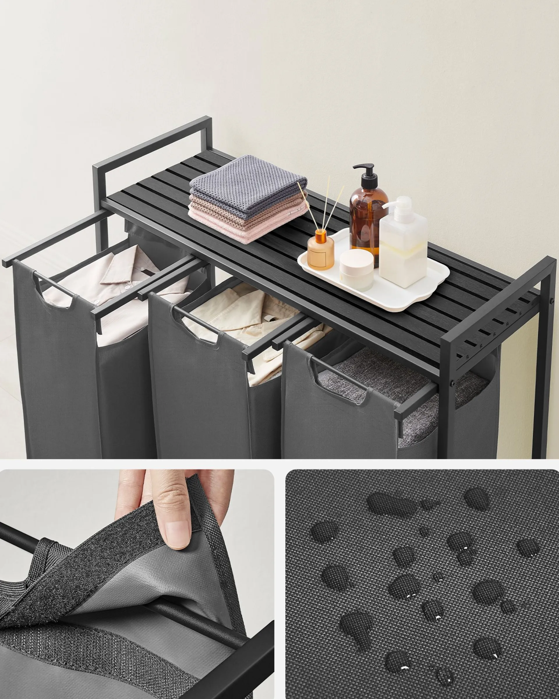 Vasagle Wäschekorb mit Regal Polly | Drei Fächer | 92,5 x 33 x 72 cm | Grau