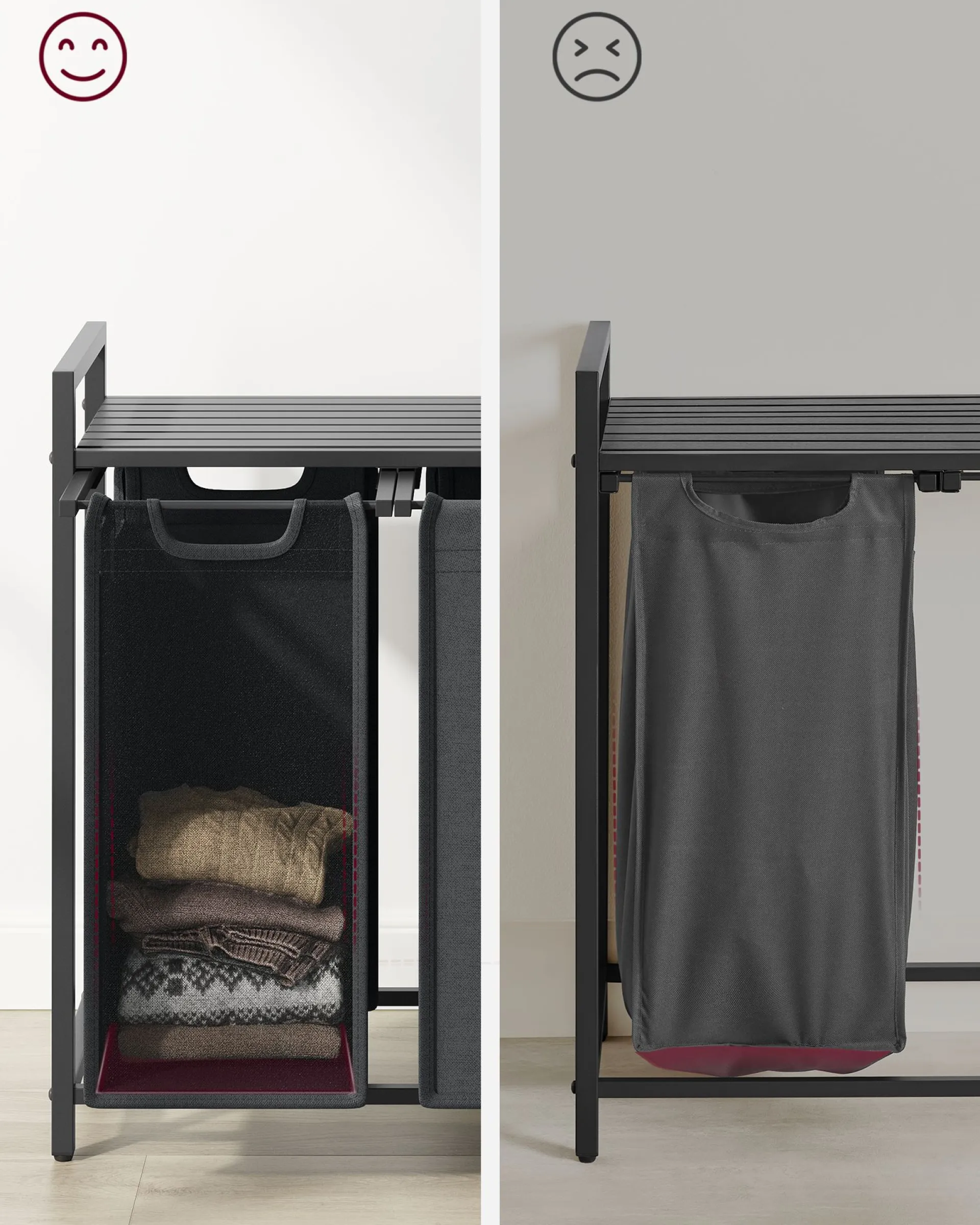 Vasagle Wäschekorb mit Regal Polly | Drei Fächer | 92,5 x 33 x 72 cm | Grau