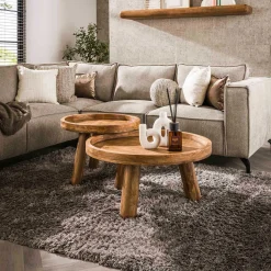 Emob Zweistöckiges Mangoholz-Dreibein-Couchtisch-Set in Sand