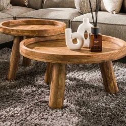 Emob Zweistöckiges Mangoholz-Dreibein-Couchtisch-Set in Sand